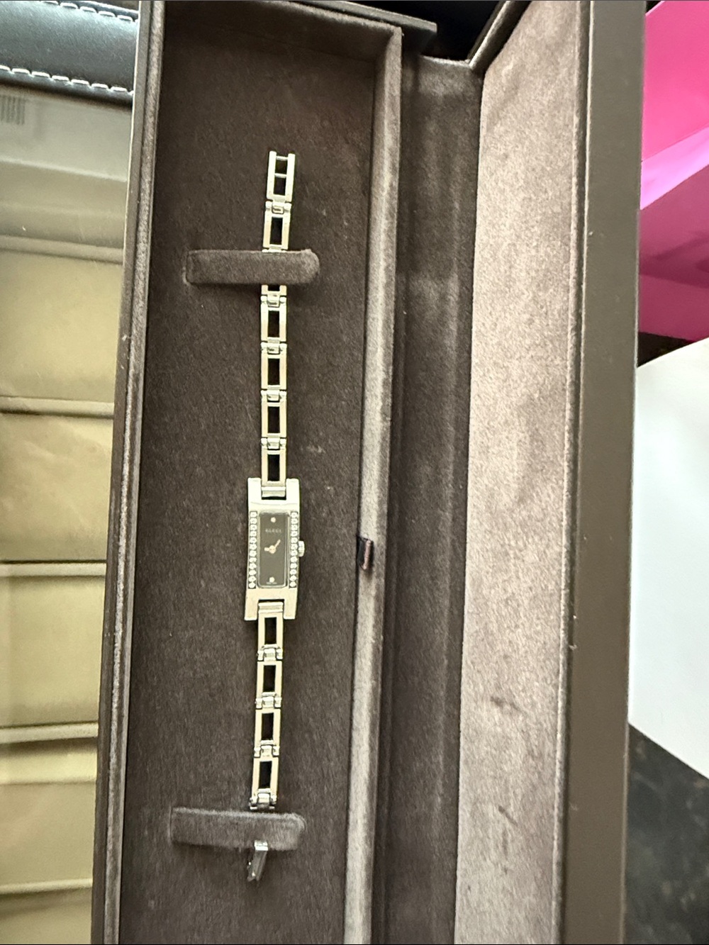 Gucci Silver Tone Bracelet Watch with Black Dial and Crystal Accents - Picture 2 of 3